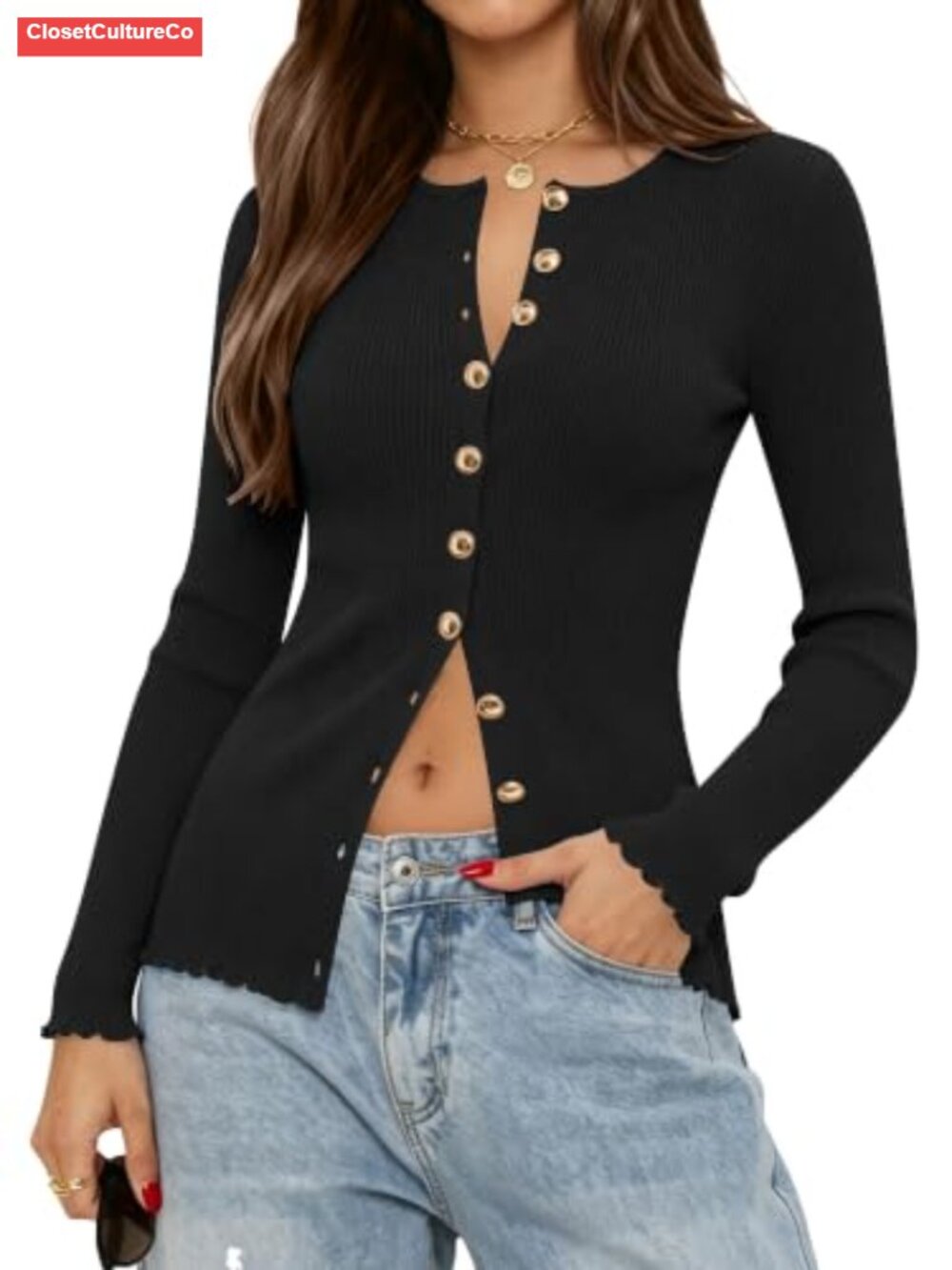 Ribbed Knit Button Up Cardigan Long Sleeve Slim Fit Sweater Top